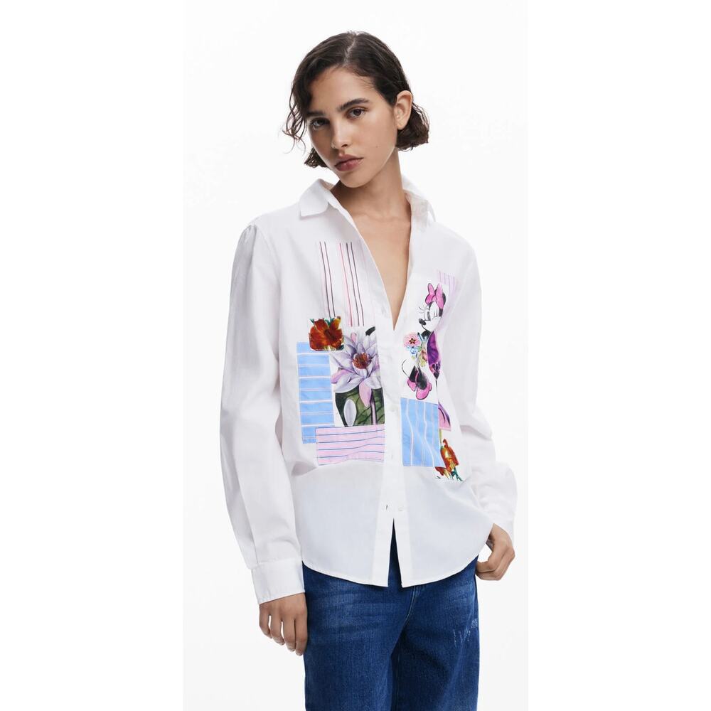 Desigual Disney Women's Minnie Mouse Patchwork Floral Button Down Shirt NWT Med - Picture 3 of 10